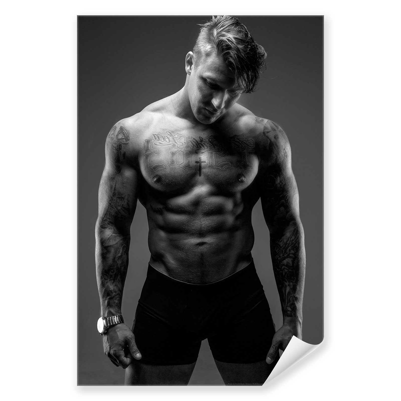 Postereck 0499 Poster Leinwand Sixpack, Tattoo Schwarz Weiss Körper