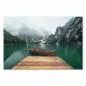 Preview: Holzsteg führt auf Bergsee, majestätische Berge im Nebel, einsames Boot. Preview: Holzsteg führt auf Bergsee, majestätische Berge im Nebel, einsames Boot.