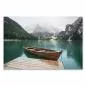 Preview: Holzsteg, Holzboot auf Bergsee, majestätische Berge, bewölkter Himmel. Preview: Holzsteg, Holzboot auf Bergsee, majestätische Berge, bewölkter Himmel.