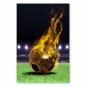Preview: Ein Fußball in Flammen liegt auf dem Rasen eines Fußballstadions bei Nacht.
