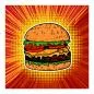 Preview: Saftiger Burger, Illustration im Comic-Stil, bunter Hintergrund. Preview: Saftiger Burger, Illustration im Comic-Stil, bunter Hintergrund.