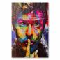 Preview: Buntes David Bowie Porträt auf Holz: Bowie mit Finger an den Lippen, fordert Stille.