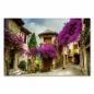 Preview: Eine enge Gasse in einem französischen Dorf mit alten Steinhäusern und blühenden Bougainvillea-Pflanzen.