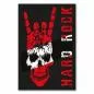 Preview: Roter Totenkopf mit weißer Gesichtshälfte & Hardrock-Handzeichen - rockig. Preview: Roter Totenkopf mit weißer Gesichtshälfte & Hardrock-Handzeichen - rockig.