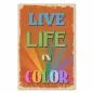 Preview: Orangefarbenes Vintage Poster mit Regenbogen: "Live Life in Color". Preview: Orangefarbenes Vintage Poster mit Regenbogen: "Live Life in Color".