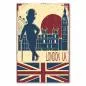 Preview: Illustration im Retro-Stil mit Big Ben, London Eye und einem Gentleman mit Melone. Preview: Illustration im Retro-Stil mit Big Ben, London Eye und einem Gentleman mit Melone.