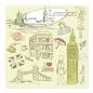 Preview: Charmante Zeichnung mit bekannten Wahrzeichen Londons wie Big Ben und Tower Bridge. Preview: Charmante Zeichnung mit bekannten Wahrzeichen Londons wie Big Ben und Tower Bridge.