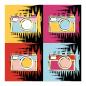 Preview: Vier bunte Retro-Kameras im Pop-Art-Stil auf farbigem Hintergrund mit Pinselstrichen.