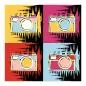Preview: Vier bunte Retro-Kameras im Pop-Art-Stil auf farbigem Hintergrund mit Pinselstrichen. Preview: Vier bunte Retro-Kameras im Pop-Art-Stil auf farbigem Hintergrund mit Pinselstrichen.