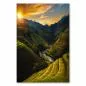 Preview: Landschaft mit gelben Reisfeldern & grünen Hügeln, Sonnenuntergang hinter Bergen. Preview: Landschaft mit gelben Reisfeldern & grünen Hügeln, Sonnenuntergang hinter Bergen.
