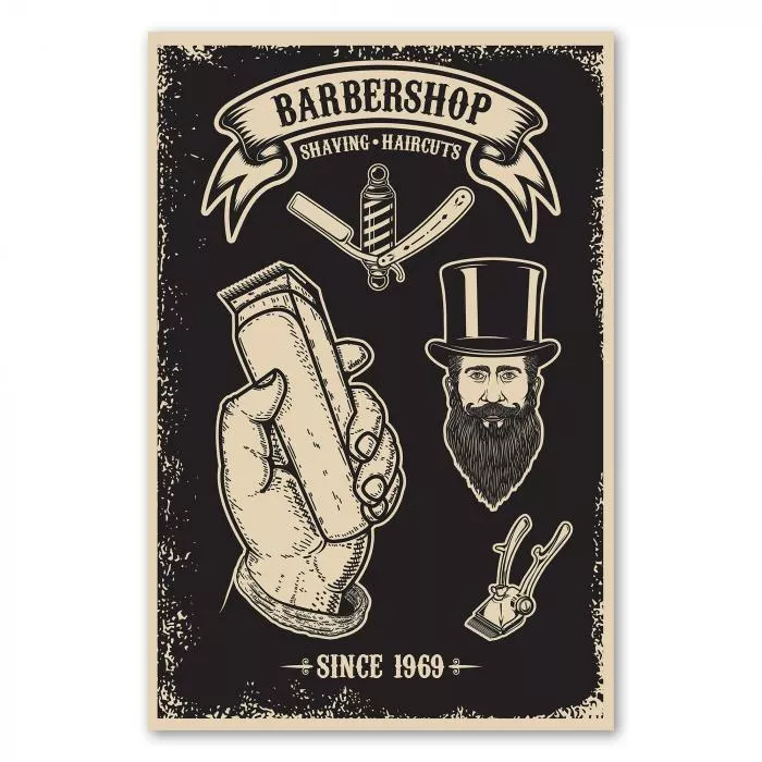 Vintage-Poster für Barbershop mit Illustrationen von Rasiermesser und Hand mit Haarschneider.