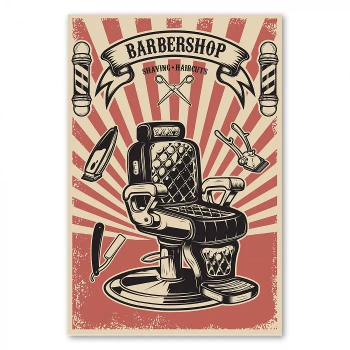 Vintage Poster für einen Barbershop mit Illustration eines Barbierstuhls, Rasiermessern, Schere und weiteren Werkzeugen.