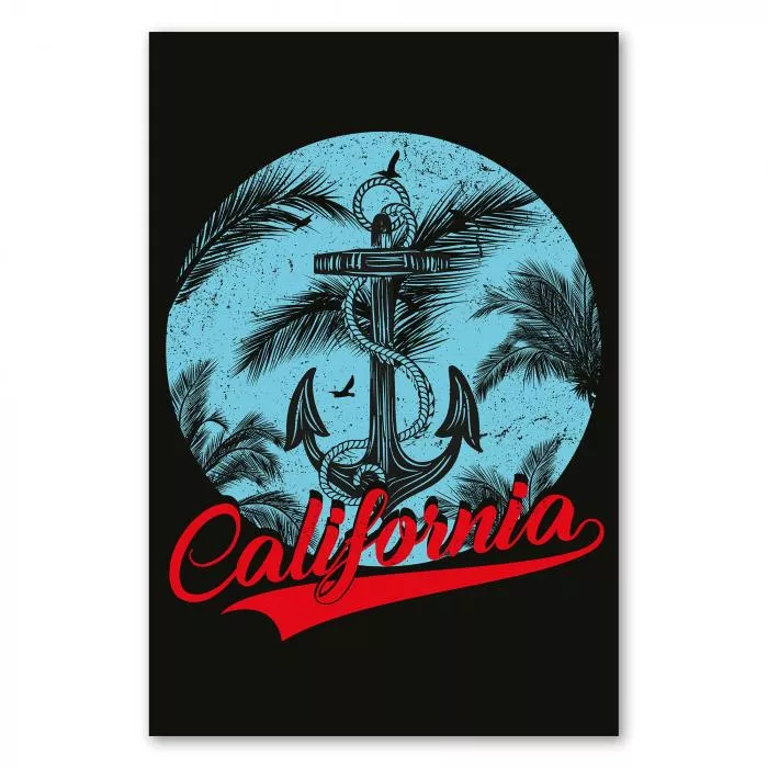 Anker in blauem Kreis mit Palmen, Schriftzug "California" - Urlaubsfeeling, Sonne, Strand, Meer.