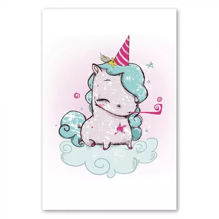Einhorn, Geburtstag, Partyhut, Tröte, Wolke - Geburtstagskarte.