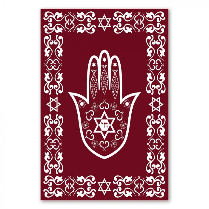 Die Hamsa-Hand mit Davidsternen, Fischen und Ornamenten – ein Symbol für Glück und Schutz im jüdischen Glauben.