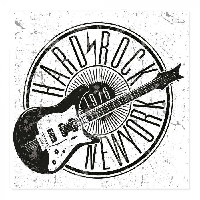 E-Gitarre & "Hard Rock New York 1976" im Kreis - Schwarz-Weiß Vintage-Design.