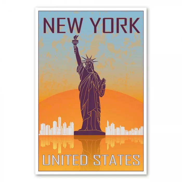 "New York" - ein Retro-Reiseposter mit der Freiheitsstatue und der Skyline der Stadt im Stil der 50er Jahre.