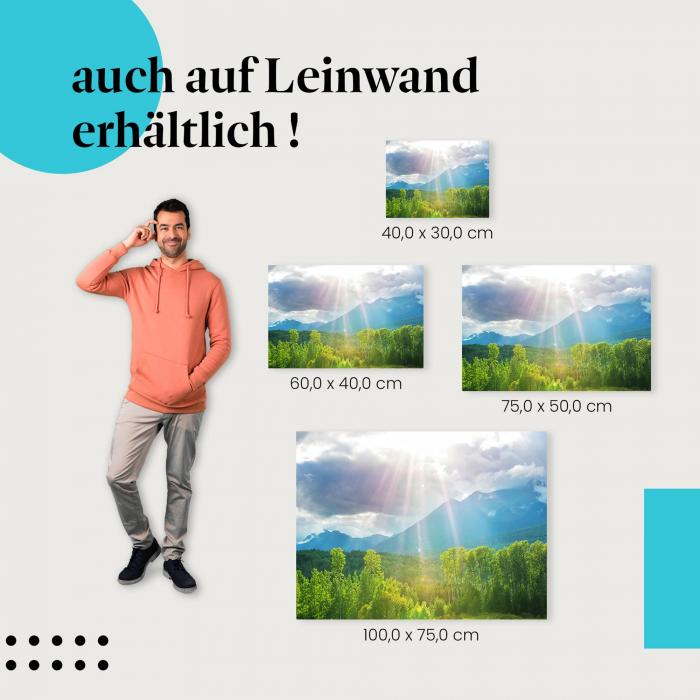 Berge: Leinwandbild. Sonnenstrahlen, Wälder.