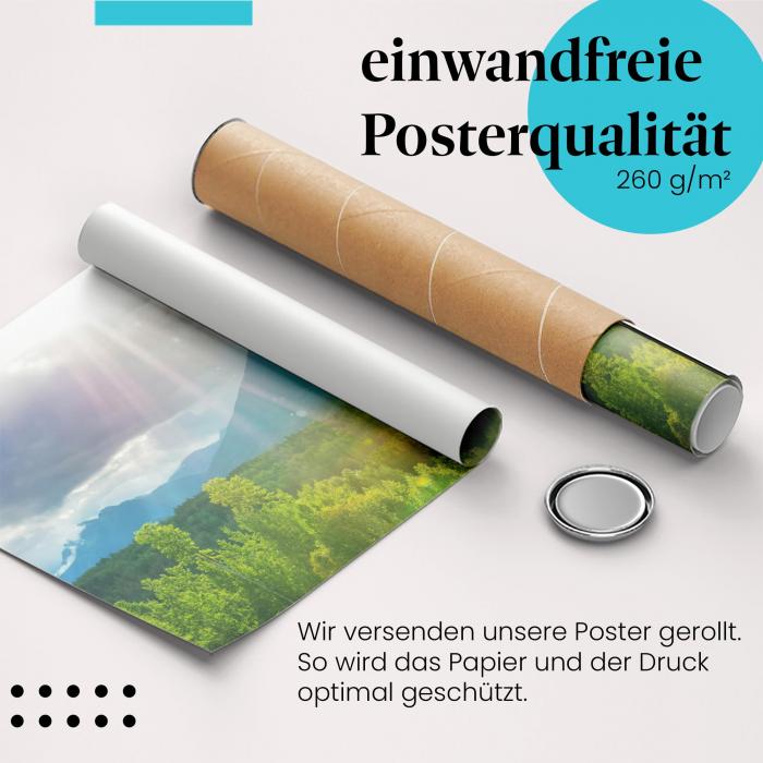 Gerolltes Poster "Berge & Sonne". Natur & Licht, sicher verpackt.