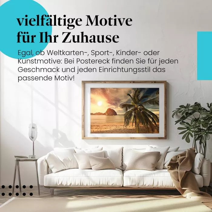 Tropischer Sonnenuntergang: Palme & Insel | Postereck 0456