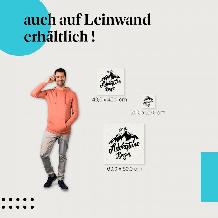 "Lass das Abenteuer beginnen" - Abenteuerlustiges Design mit Bergen und Wald als Leinwandbild.