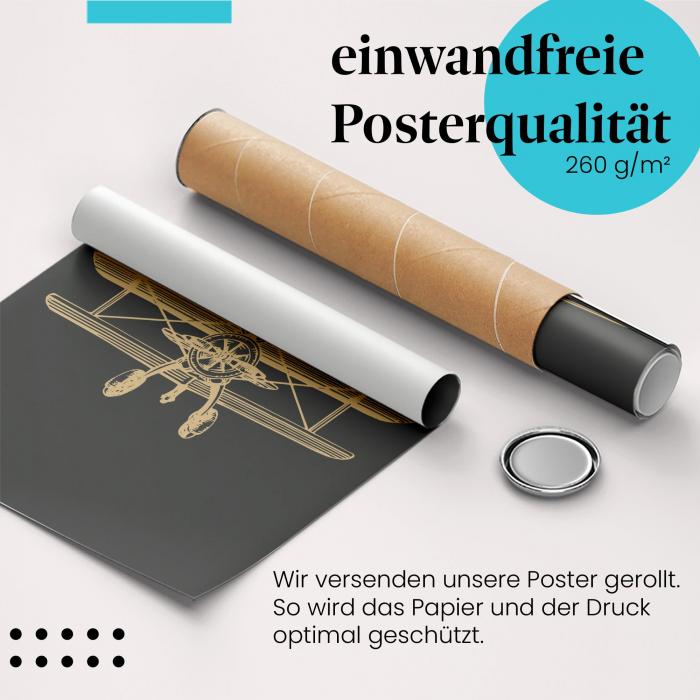 Gerolltes Poster "Let the Adventures Begin". Goldener Doppeldecker, sicher verpackt.