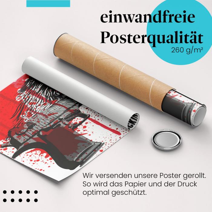 Gerolltes Poster "Adlerkopf auf Pistole". Provokante Kunst, regt zum Nachdenken an, sicher verpackt.