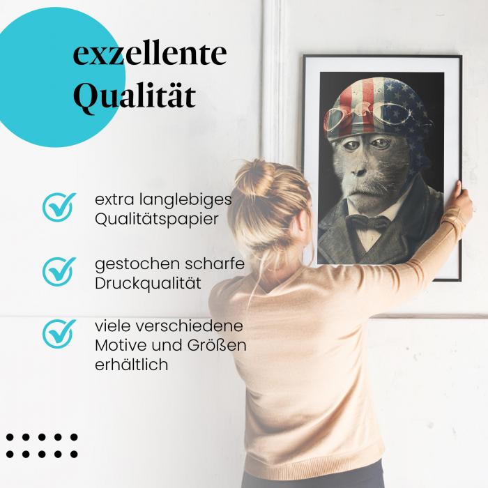 Gerahmtes Wandbild "Affe im Anzug". Witziges und elegantes Motiv, ideal als Geschenk.