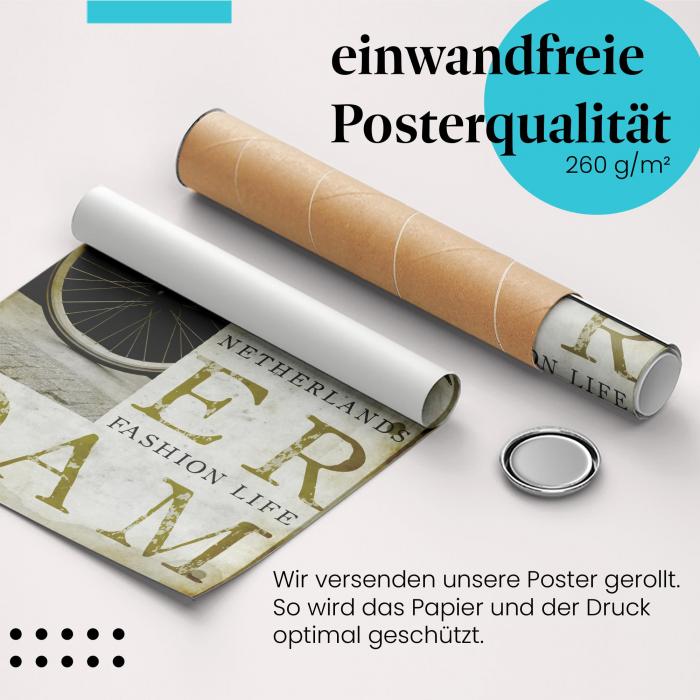Gerolltes Poster "Amsterdam Vintage". Stilvolles Fahrradmotiv, sicher verpackt.
