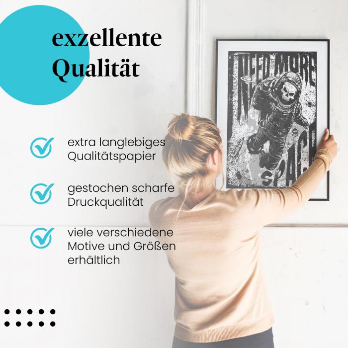 Gerahmtes Wandbild "Astronautenschädel im Weltall". Düsteres Design für SciFi- und Weltraum-Fans.
