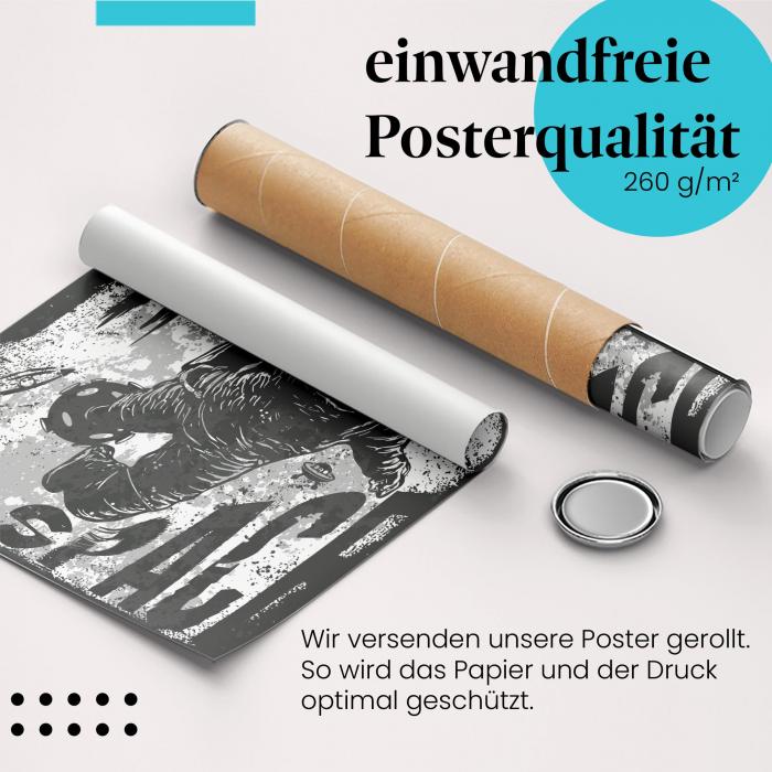 Gerolltes Poster "Astronautenschädel im Weltall". Düster-schönes Design, sicher verpackt.
