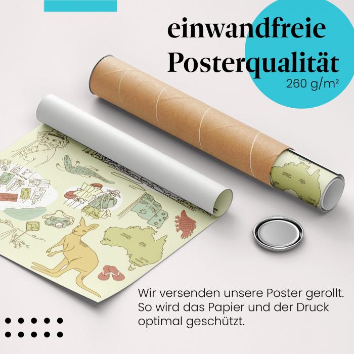 Gerolltes Poster "Australien Skizze". Australien entdecken, sicher verpackt.