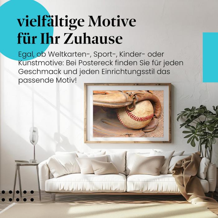 Leinwandbild "Abgenutzter Baseballhandschuh mit Ball". Nostalgische Wanddeko für Baseball-Fans.