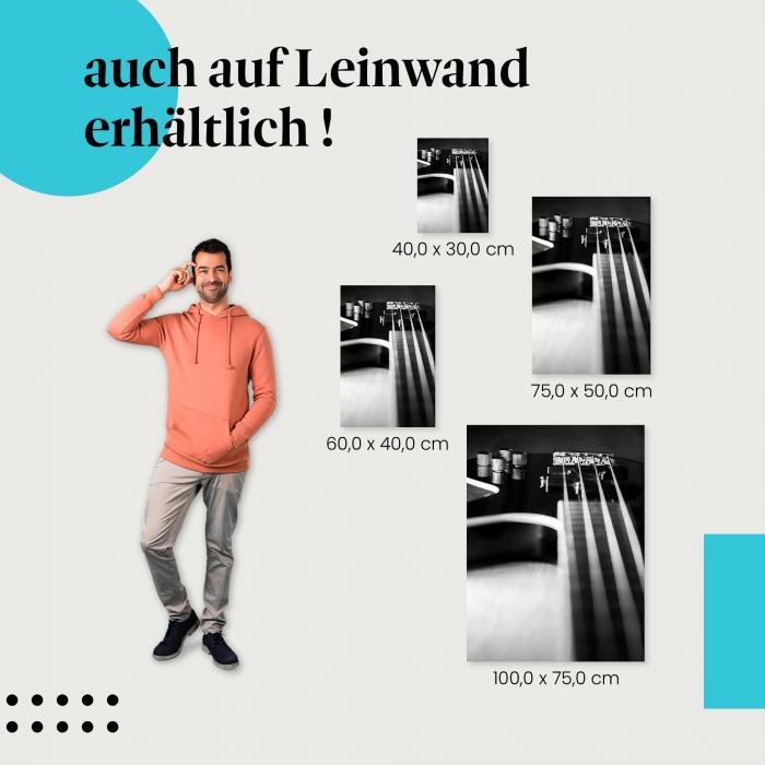 E-Bass: Leinwandbild. Schwarz-weiß, Saiten, Kontrast.