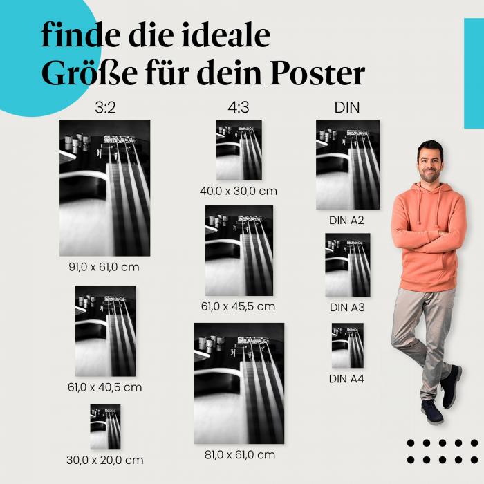 E-Bass, Poster: Schwarz-weiß, Saiten, Kontrast.