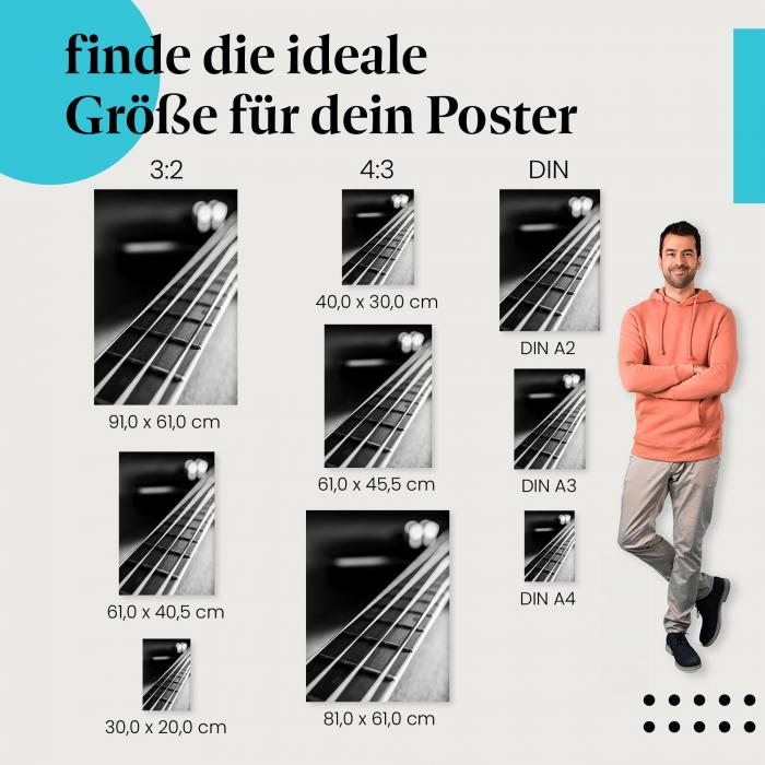 E-Bass, Poster: Hals, Nahaufnahme, schwarz-weiß.