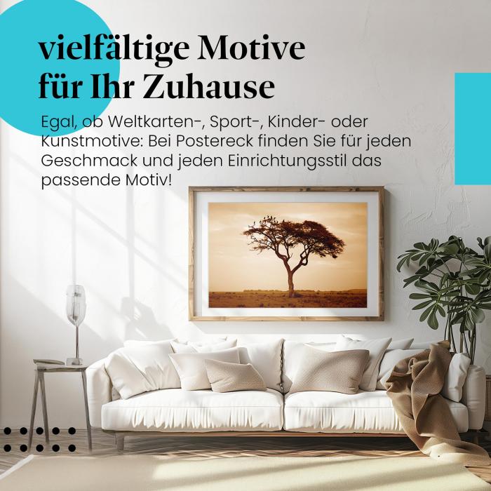 Leinwandbild "Savanne": Baum, Sonnenuntergang, Vögel - afrikanisches Flair.