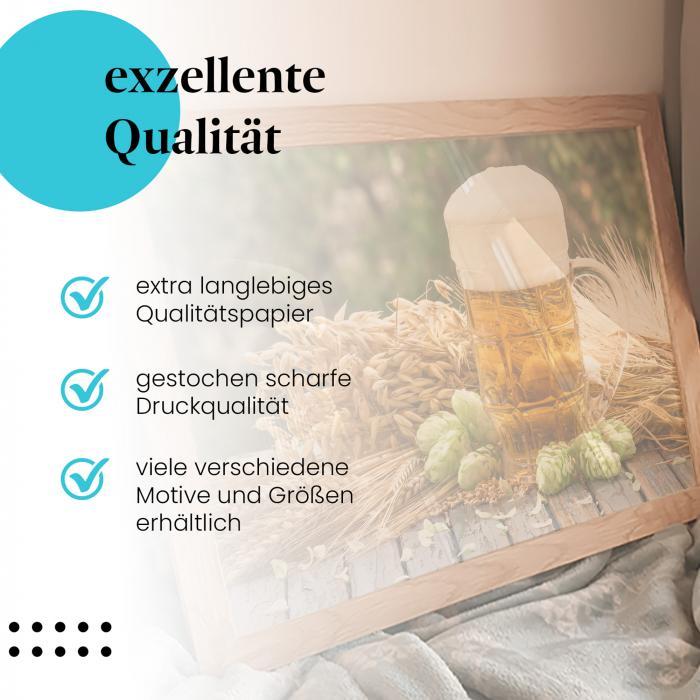 Gerahmtes Bild "Bier" - Glas, Schaumkrone, Zutaten, Holztisch.