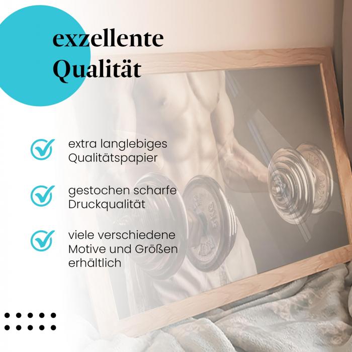 Gerahmtes Bild "Krafttraining" - Mann, Hanteln, definierte Muskeln.