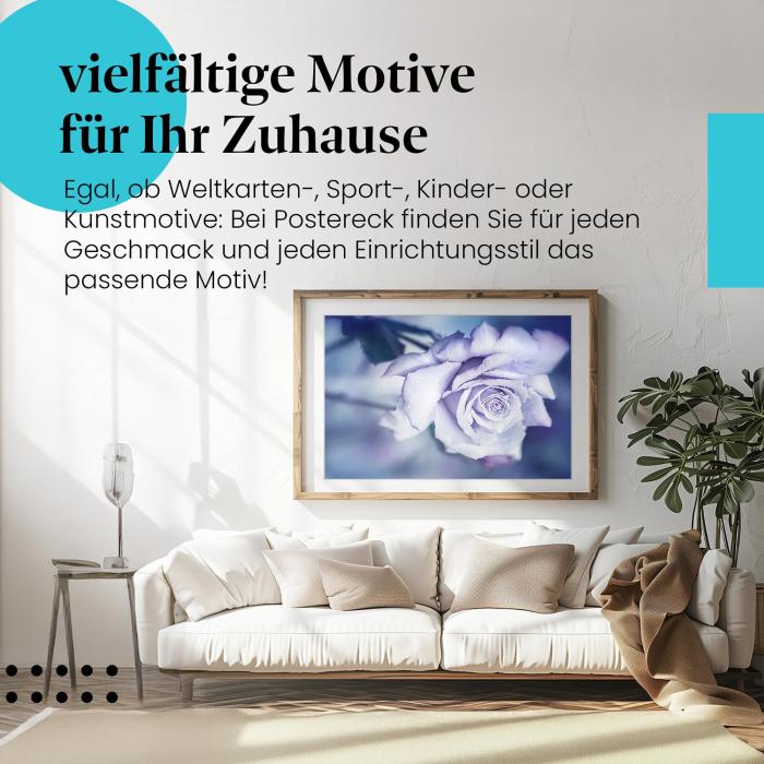 Dieses Leinwandbild der blauen Rose mit Tautropfen ist ein romantischer Blickfang und ein Symbol für Schönheit und Reinheit.