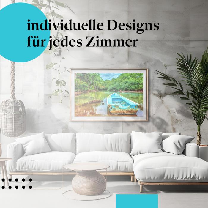 Tropen Poster: "Tropenparadies" - Blaues Boot im grünen Fluss