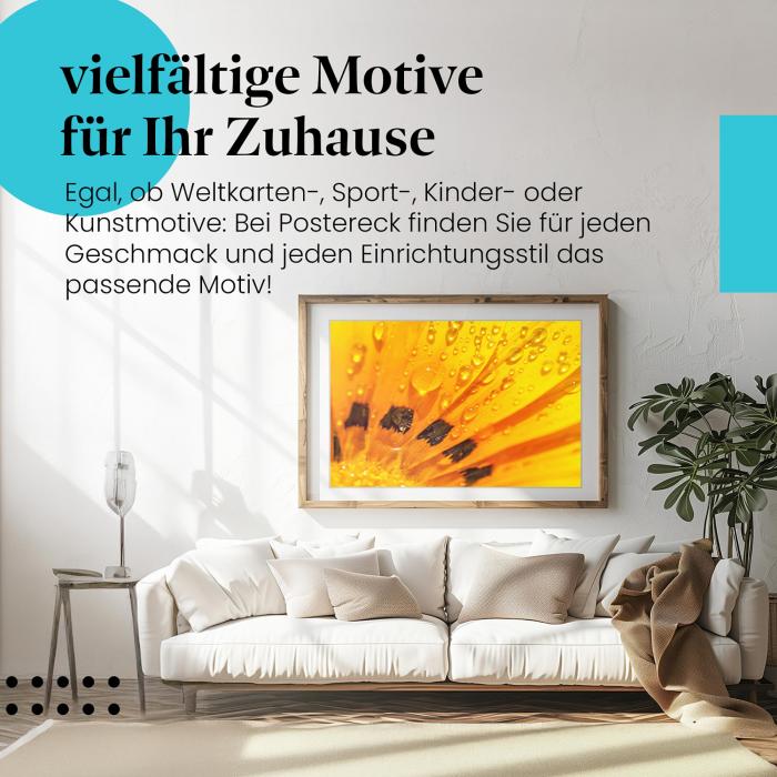 Dieses Leinwandbild mit der Blume und den Tautropfen ist ein Hingucker und bringt Sommerlaune in Ihre vier Wände.