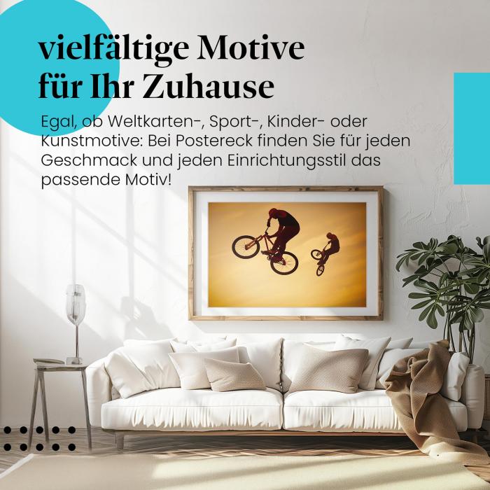 Dieses Leinwandbild mit den BMX-Fahrern im Abendlicht ist ein Blickfang für alle, die Action und Sport lieben.