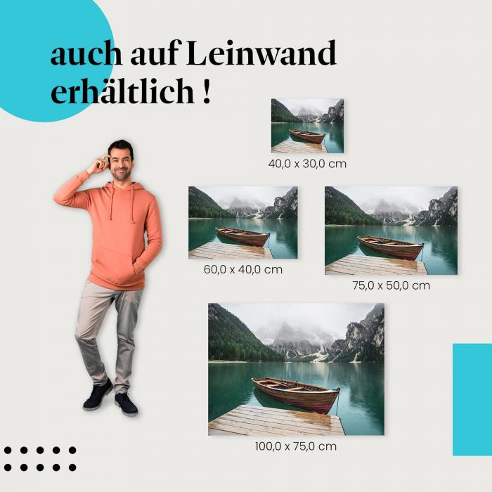 Bergsee: Leinwandbild. Steg, Boot, Berge.