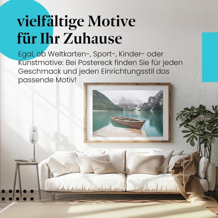 Leinwandbild "Bergsee": Holzsteg, Boot, Berge - Ruhe & Harmonie.