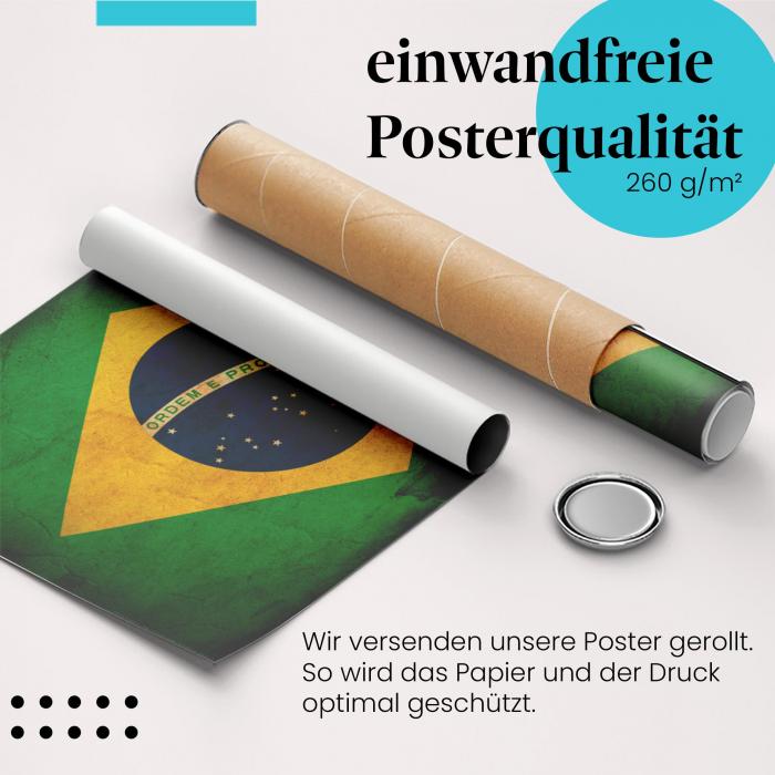 "Brasilien Flagge": Gerolltes Poster - Vintage, Used-Look.