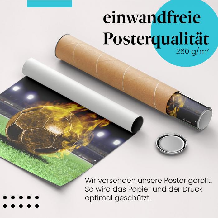 Gerolltes Poster "Brennender Fußball", Stadion.