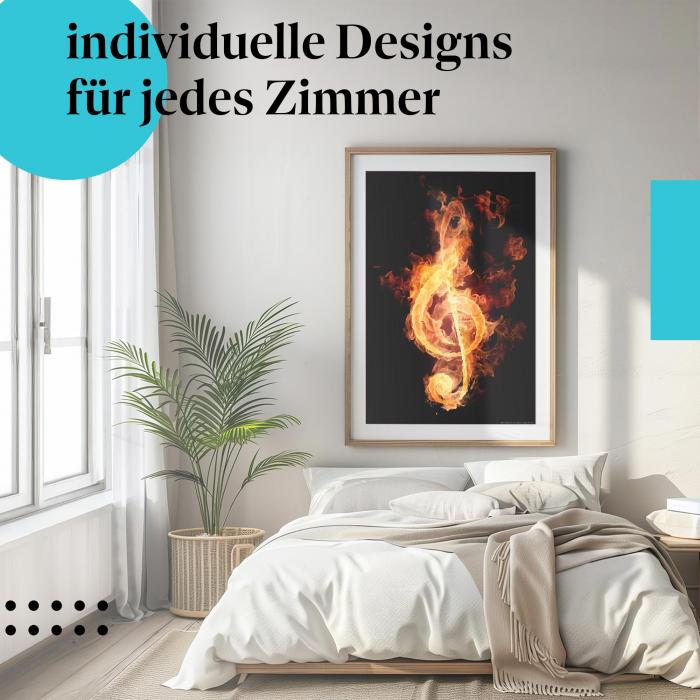 Schlafzimmer Deko: "Musik in Flammen" Poster im minimalistischen Schlafzimmer. Moderne Wanddeko.
