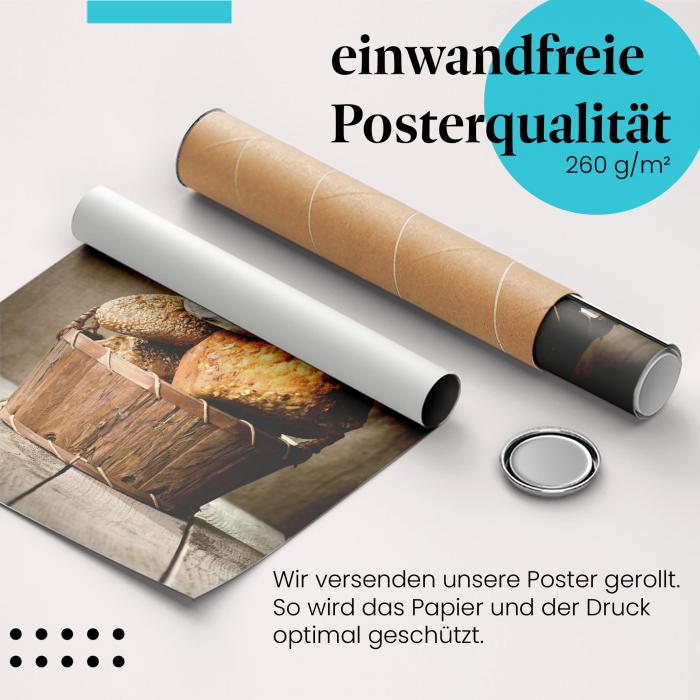 Gerolltes Poster "Brotkorb". Frisch gebacken, sicher verpackt.