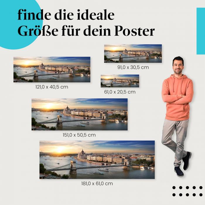 Finde die ideale Postergröße: Budapest: Kettenbrücke, Parlamentsgebäude, Sonnenuntergang.